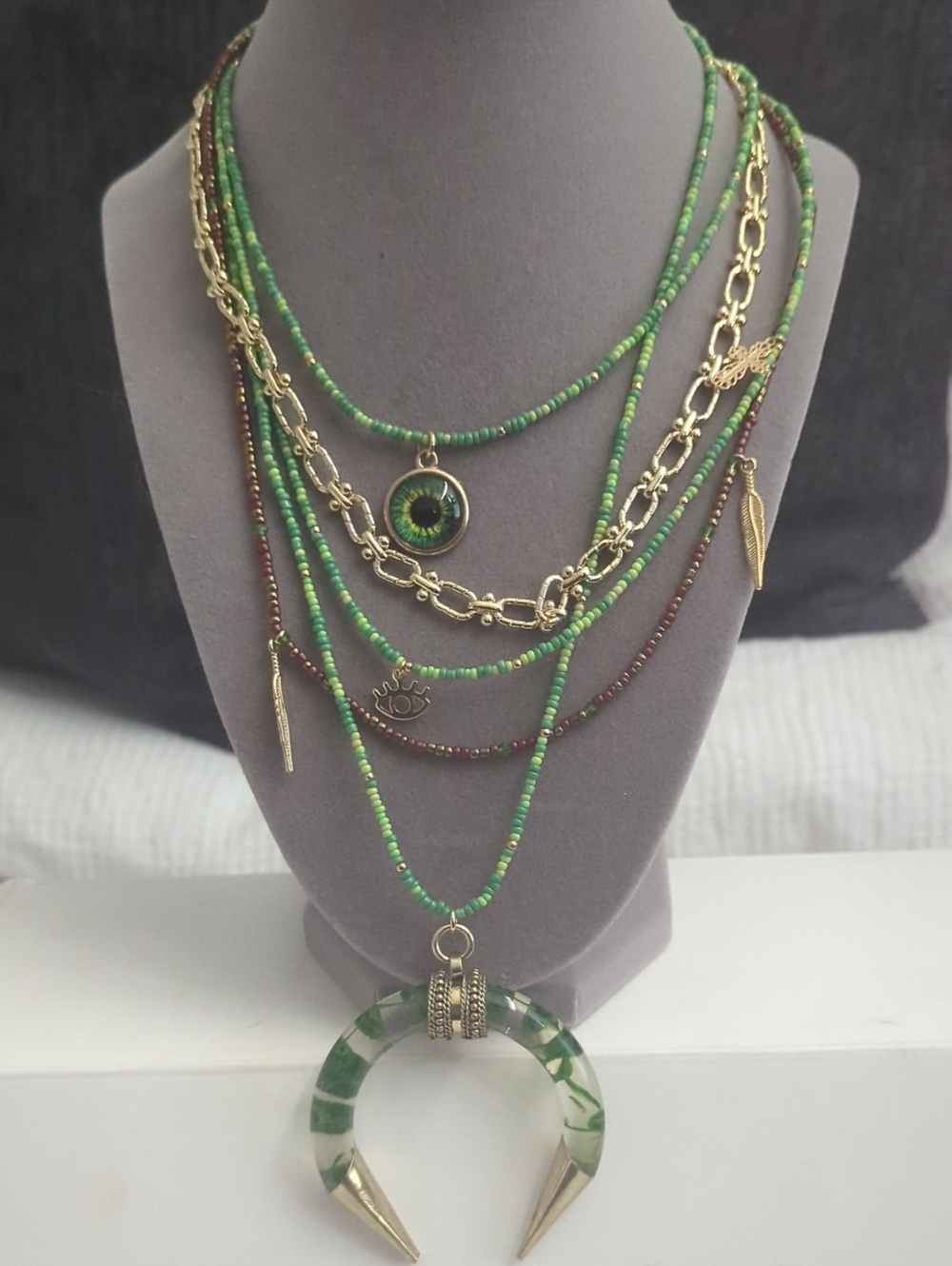 Multi-Strand Green Bead Crescent Pendant Necklace - Women Jewelry